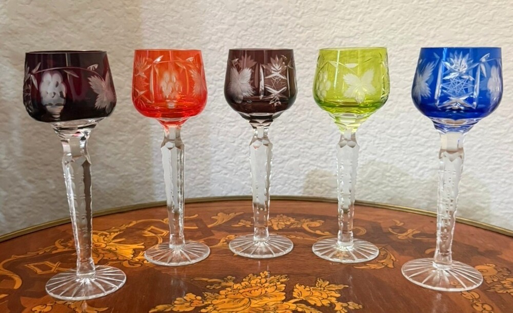Vintage Bohemian Czech Cut to Clear Crystal Cordial Glasses Harlequin Set of 5